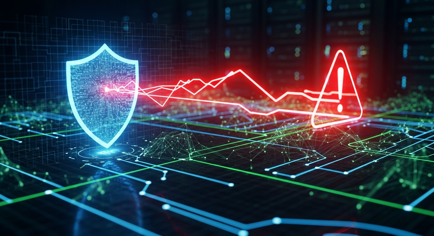 Lá chắn kỹ thuật số bảo vệ mạng lưới dữ liệu phức tạp với các đường đỏ và biểu tượng cảnh báo rủi ro trực tuyến, nhấn mạnh tầm quan trọng của an ninh mạng khi bạn tham gia các hoạt động online hay tìm kiếm MMO là gì để hiểu hơn về thế giới ảo.