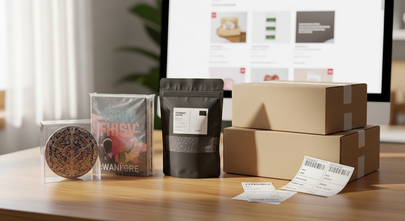 Bộ sưu tập sản phẩm đóng gói đa dạng (sách, cà phê), hộp vận chuyển và màn hình máy tính hiển thị website e-commerce. Minh họa một mô hình kinh doanh online hiệu quả, giúp bạn hình dung MMO là gì trong thực tế.