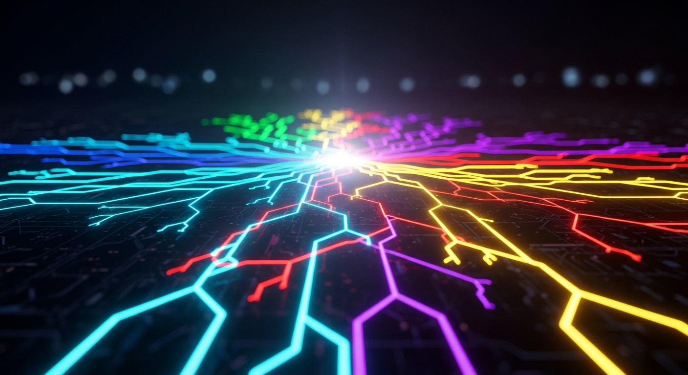 Mạng lưới đường đi số hóa đa sắc phát sáng, hội tụ về điểm sáng trung tâm, minh họa lộ trình chiến lược trong các khóa học MMO.