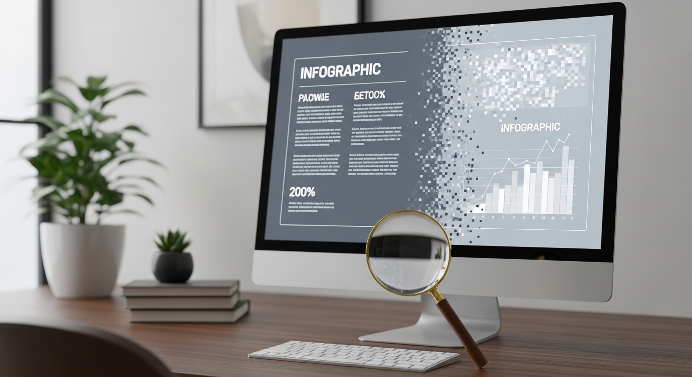 Màn hình hiển thị infographic phân tích chi tiết các chiến lược kiếm tiền MMO, với dữ liệu rõ ràng và ẩn. Kính lúp trên bàn nhấn mạnh sự nghiên cứu kỹ lưỡng trong một không gian làm việc hiện đại.