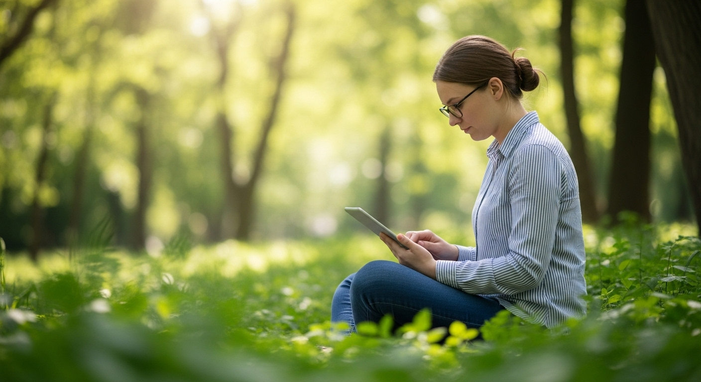 Người ngồi làm việc trên máy tính bảng trong công viên xanh mát dưới nắng dịu, thể hiện sự tự do và linh hoạt khi kiếm tiền online tại nhà không cần vốn.