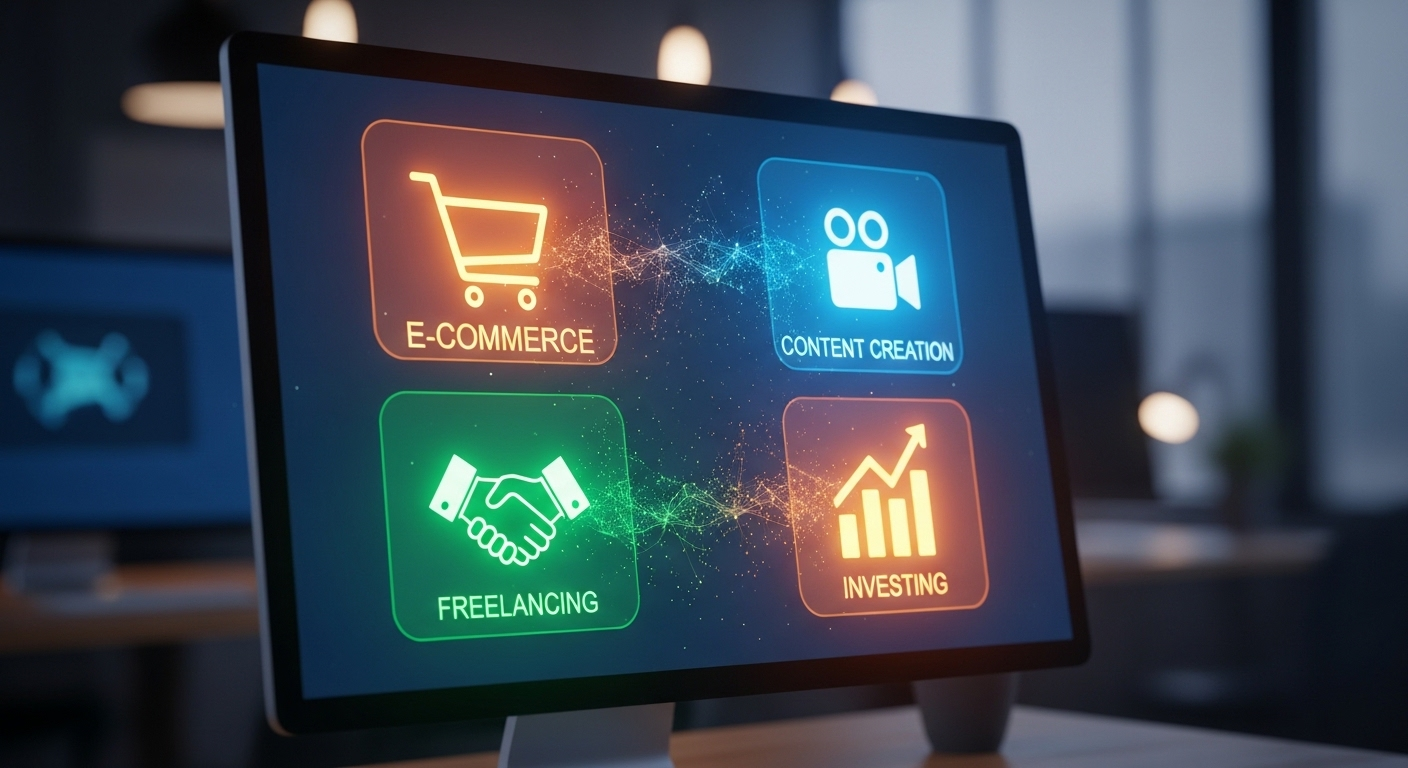 Hình ảnh sống động về các phương pháp kiếm tiền trực tuyến đa dạng trên màn hình máy tính, giải thích rõ MMO là gì. Bao gồm biểu tượng thương mại điện tử, sáng tạo nội dung, freelancing và đầu tư, tất cả phát sáng kỹ thuật số rực rỡ.