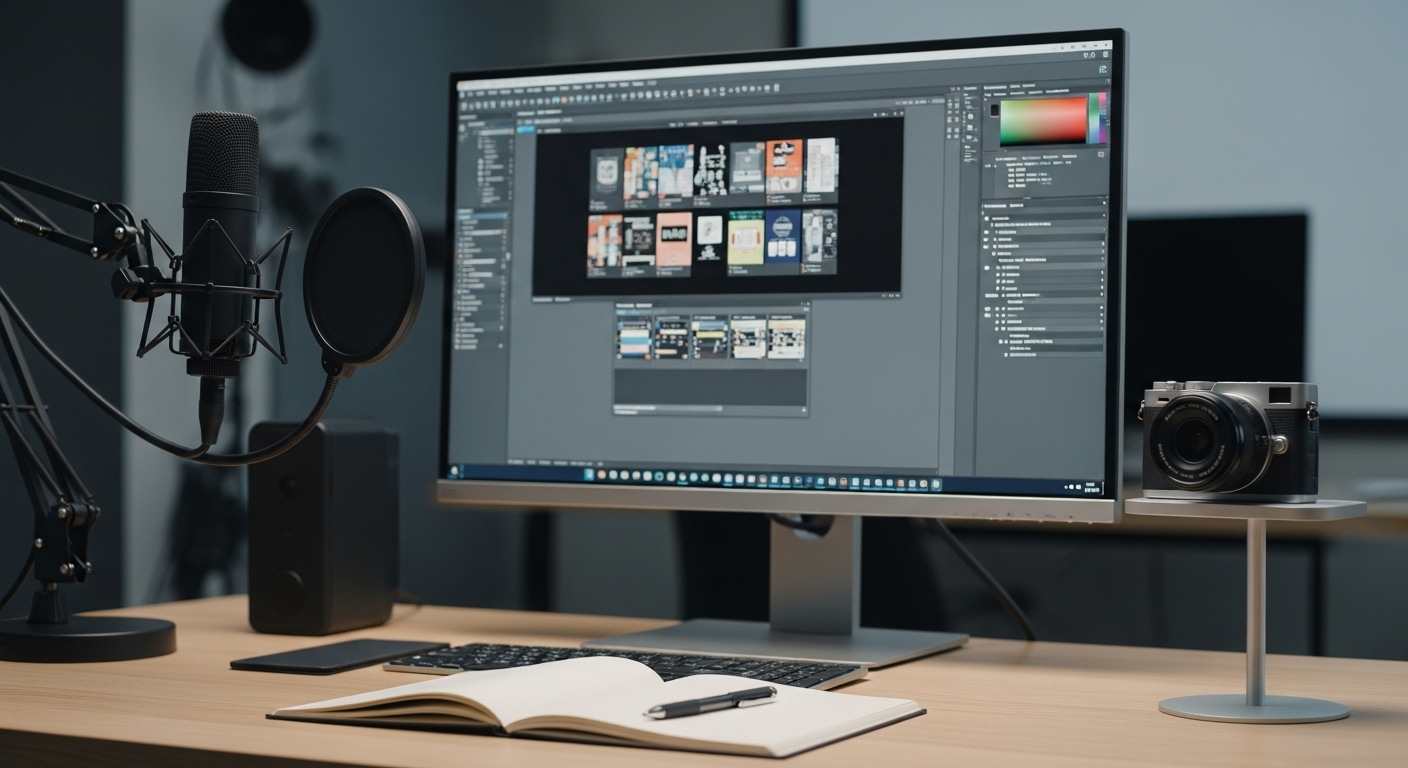 Bàn làm việc gọn gàng với màn hình hiển thị phần mềm thiết kế, micro thu âm chuyên nghiệp và máy ảnh, thiết lập lý tưởng cho việc sáng tạo nội dung số và ứng dụng các kỹ năng từ khóa học MMO.
