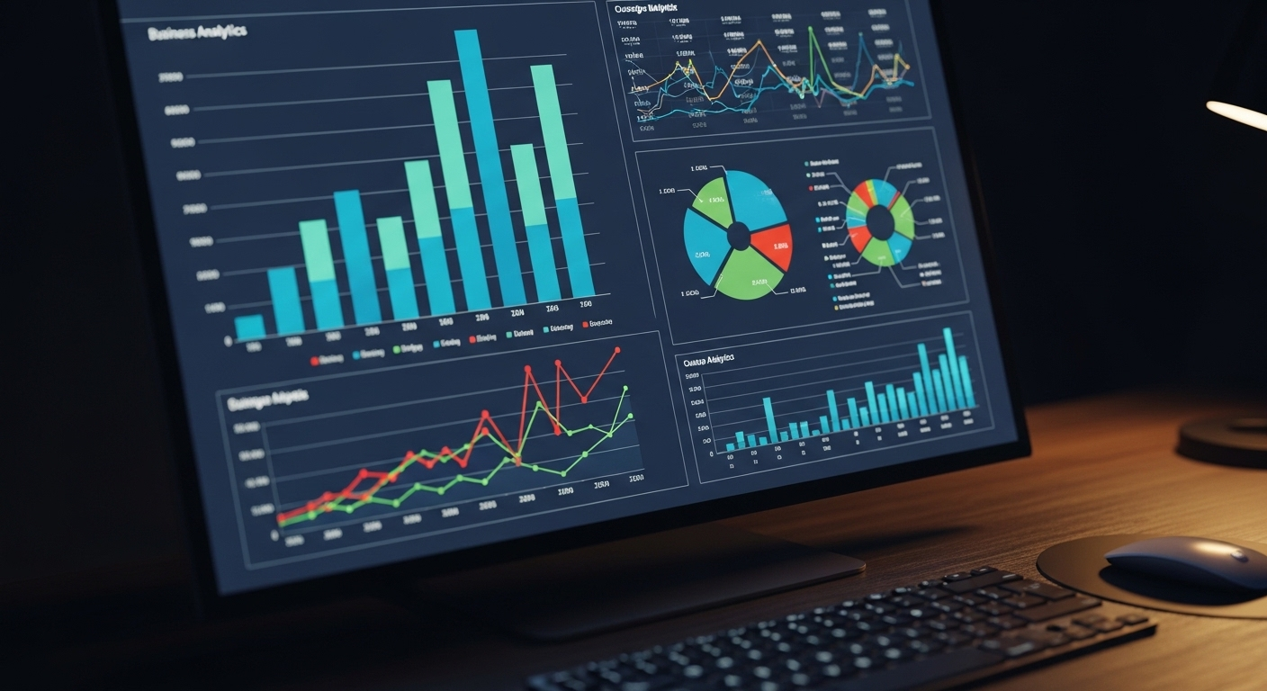 Màn hình máy tính hiển thị biểu đồ và dữ liệu phân tích kinh doanh sắc nét, đầy màu sắc, hỗ trợ chiến lược cách làm MMO hiệu quả.