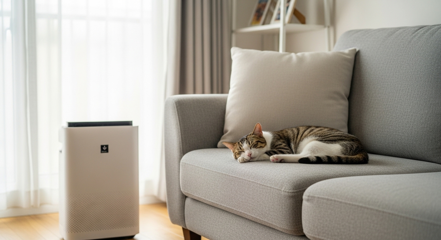 Mèo ngủ ngon trên sofa trong phòng khách ngập nắng, có máy lọc không khí tạo không gian trong lành và thư thái.