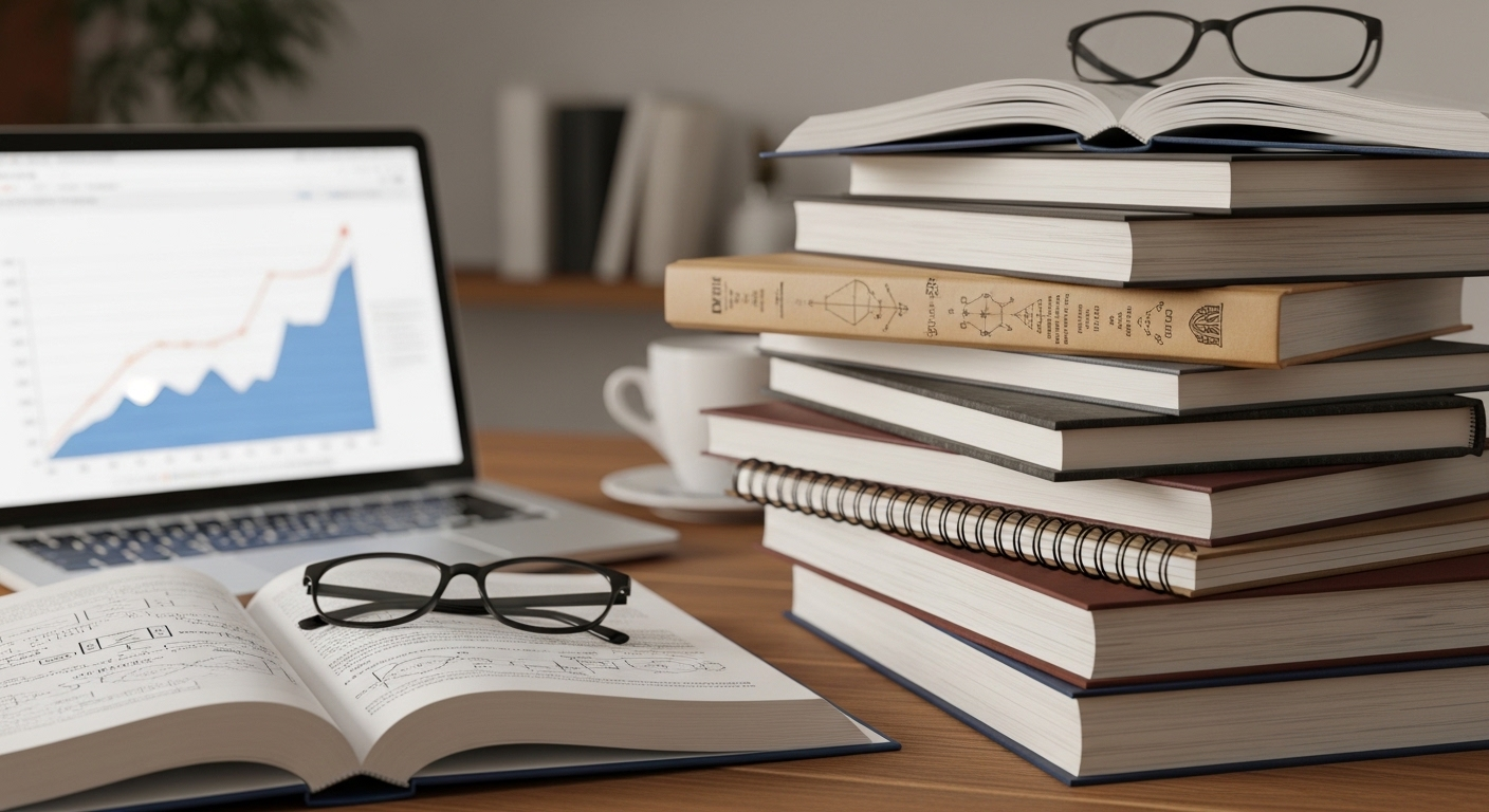Chồng sách, kính đọc sách và laptop với biểu đồ tăng trưởng, tượng trưng cho việc học hỏi kiến thức giúp phát triển và kiếm tiền MMO thành công.