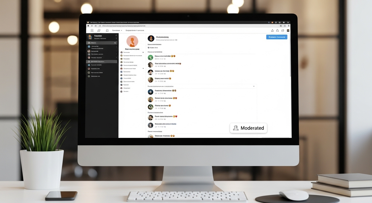 Màn hình máy tính hiển thị fanpage Facebook chuyên nghiệp với khu vực bình luận chỉ toàn tương tác tích cực, minh họa cách lọc comment trên Facebook hiệu quả.