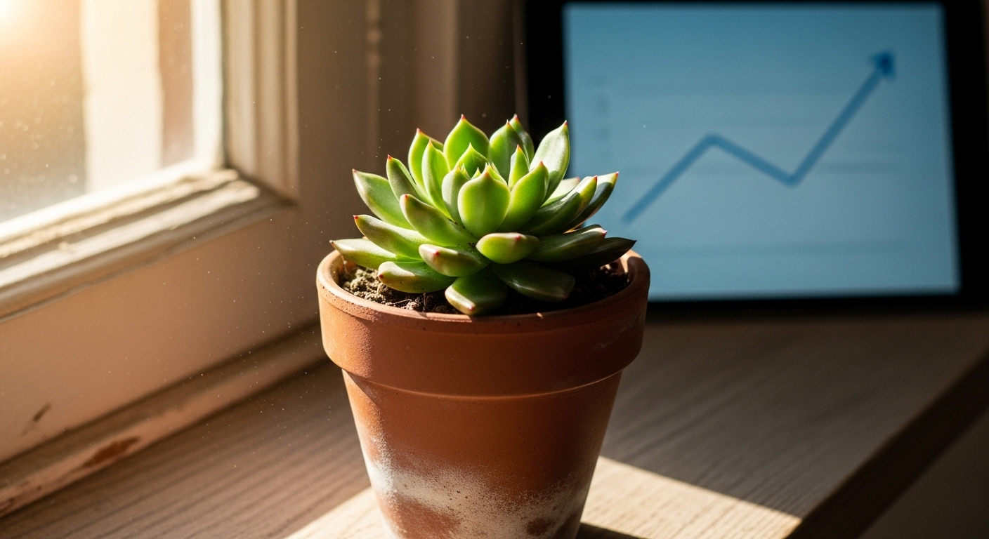 Cây xanh tươi tốt trong chậu đất nung trên bệ cửa sổ đầy nắng, phía sau là máy tính bảng hiển thị biểu đồ tăng trưởng ổn định, tượng trưng cho sự phát triển bền vững khi kiếm tiền online.