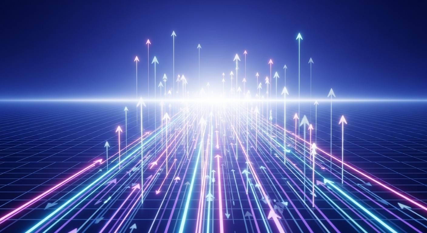 Cảnh quan kỹ thuật số trừu tượng với các đường ánh sáng rực rỡ, hướng lên tượng trưng cho sự tiến bộ và tăng trưởng, một yếu tố quan trọng khi bạn tìm hiểu MMO là gì và các cơ hội trực tuyến.