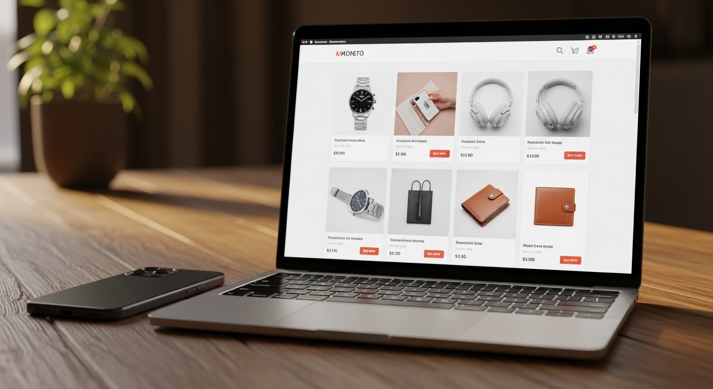 Giao diện website thương mại điện tử thân thiện hiển thị rõ nét trên màn hình laptop, cùng điện thoại thông minh đặt cạnh trên bàn gỗ mộc, minh họa công cụ hiệu quả để kiếm tiền online không cần vốn.