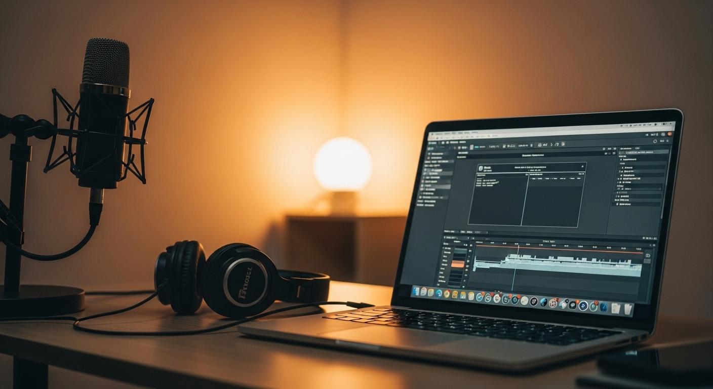 Micro studio, laptop chỉnh sửa nội dung và tai nghe trên bàn làm việc gọn gàng. Không gian lý tưởng cho người sáng tạo nội dung số và tìm hiểu MMO là gì.