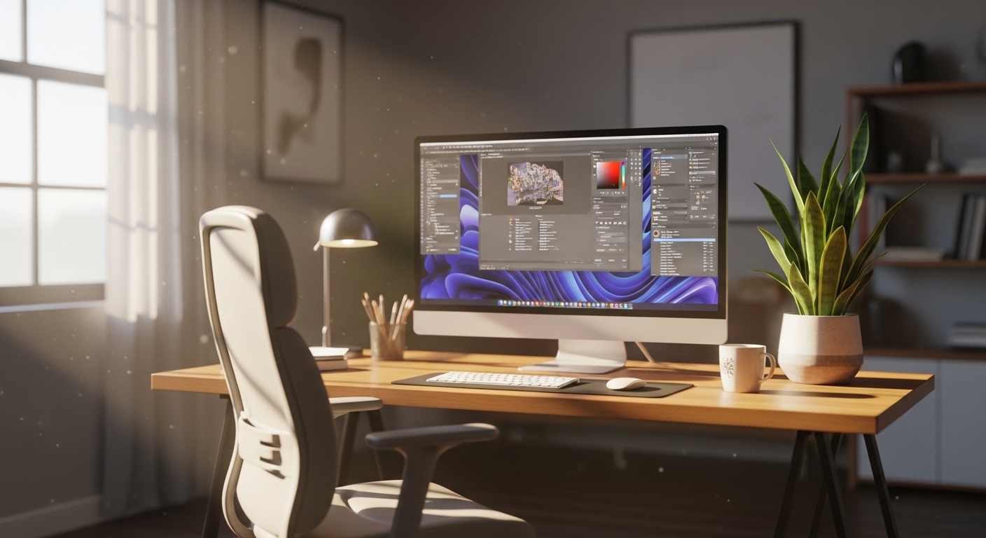 Góc làm việc tại nhà thanh bình với màn hình lớn hiển thị phần mềm thiết kế sáng tạo, ghế công thái học thoải mái, cây xanh dưới ánh nắng ban mai. Không gian lý tưởng để kiếm tiền online.