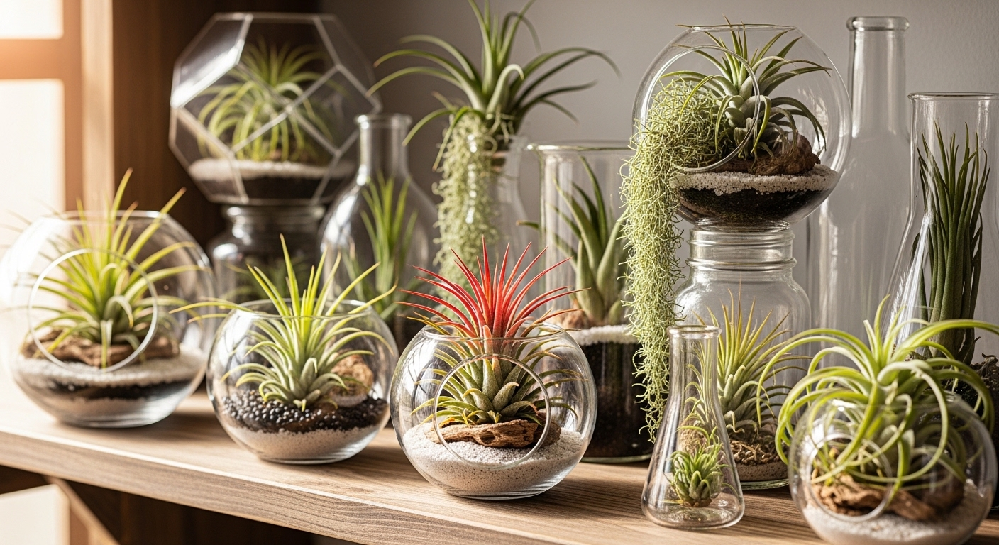 Cận cảnh cây không khí Tillandsia trong terrarium kính và vật chứa độc đáo, trưng bày sáng tạo trên kệ gỗ dưới ánh sáng tự nhiên. Mẫu trang trí nhà cửa đẹp mắt, thể hiện xu hướng của nghề dễ kiếm tiền hiện nay.