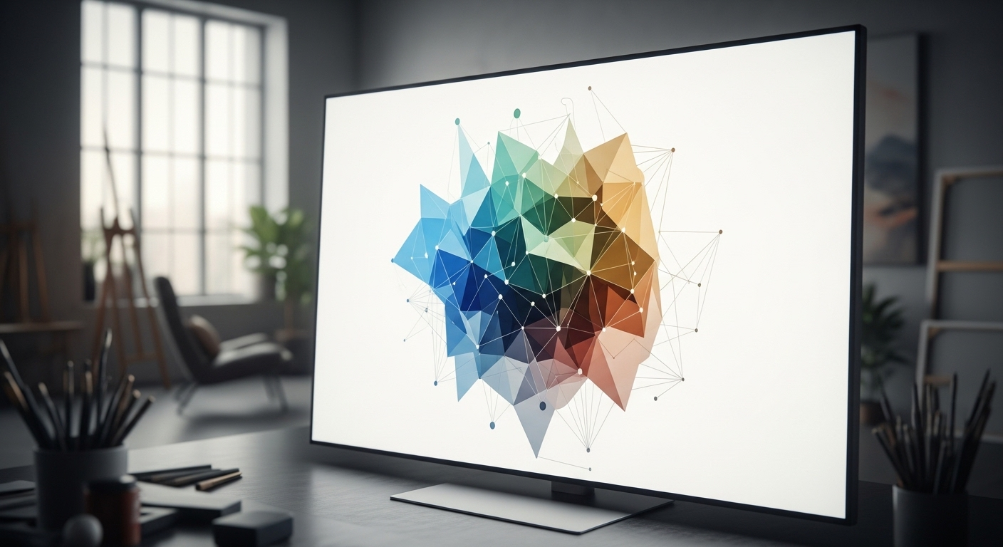 Tác phẩm nghệ thuật số trừu tượng với các hình khối hình học liên kết và bảng màu hài hòa, hiển thị rực rỡ trên màn hình HD trong studio. Thiết kế này có thể truyền cảm hứng khi tạo logo Youtube độc đáo và chuyên nghiệp.