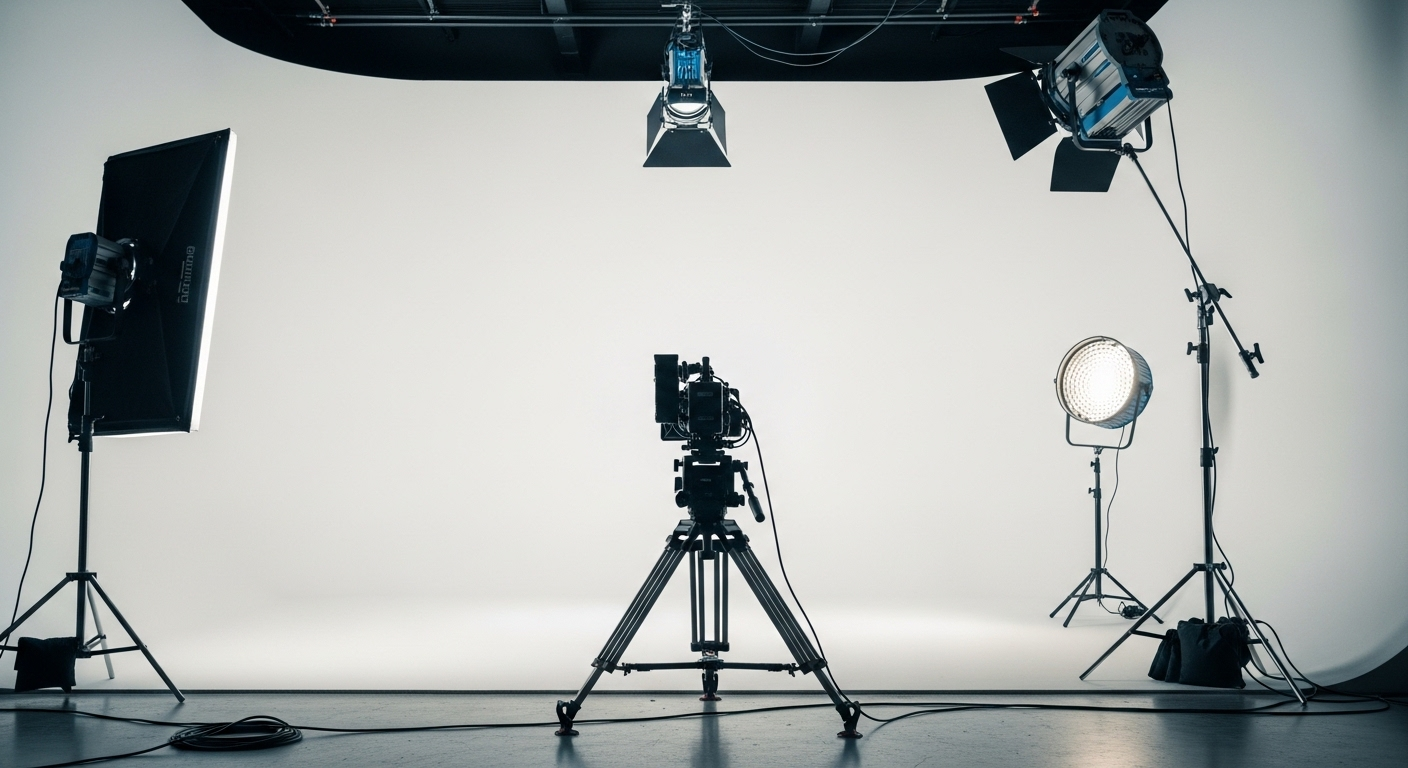 Studio sản xuất video chuyên nghiệp với máy quay HD, phông cyclorama trắng và đèn studio, sẵn sàng tạo nội dung chất lượng cao cho kênh truyền thông.