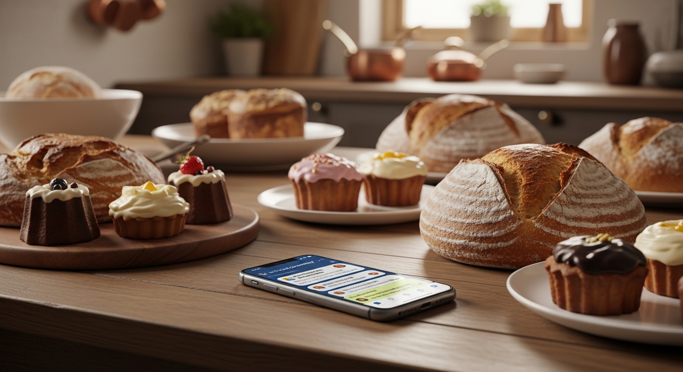 Bánh nướng thủ công và bánh ngọt tự làm trên bàn gỗ mộc, kèm điện thoại với nhóm chat cộng đồng, minh họa cách kiếm tiền tại nhà từ sản phẩm địa phương. Bánh nướng thủ công và bánh ngọt tự làm trên bàn gỗ mộc, kèm điện thoại với nhóm chat cộng đồng, minh họa cách kiếm tiền tại nhà từ sản phẩm địa phương.
