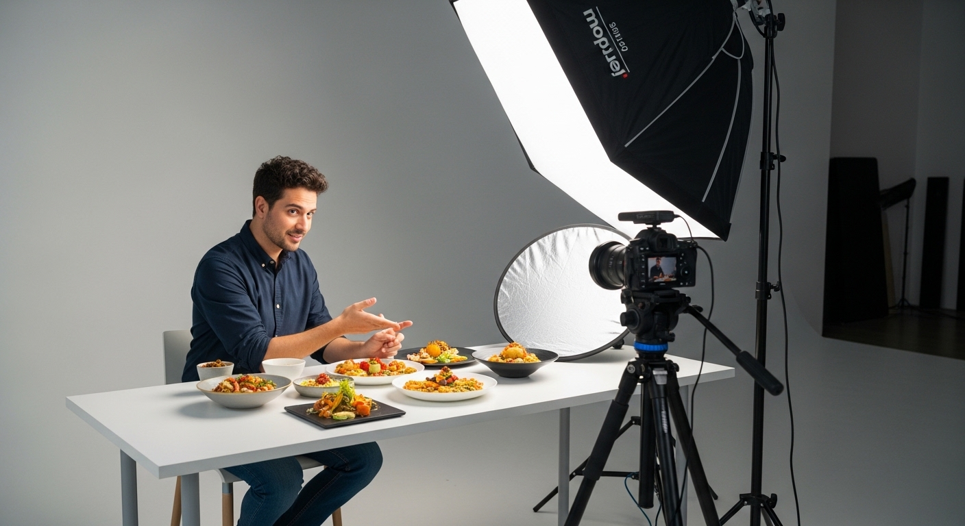 Người sáng tạo nội dung ẩm thực quay video review món ngon đầy màu sắc tại studio, minh họa cách kiếm tiền lạ đời qua việc chia sẻ trải nghiệm ăn uống trực tuyến.