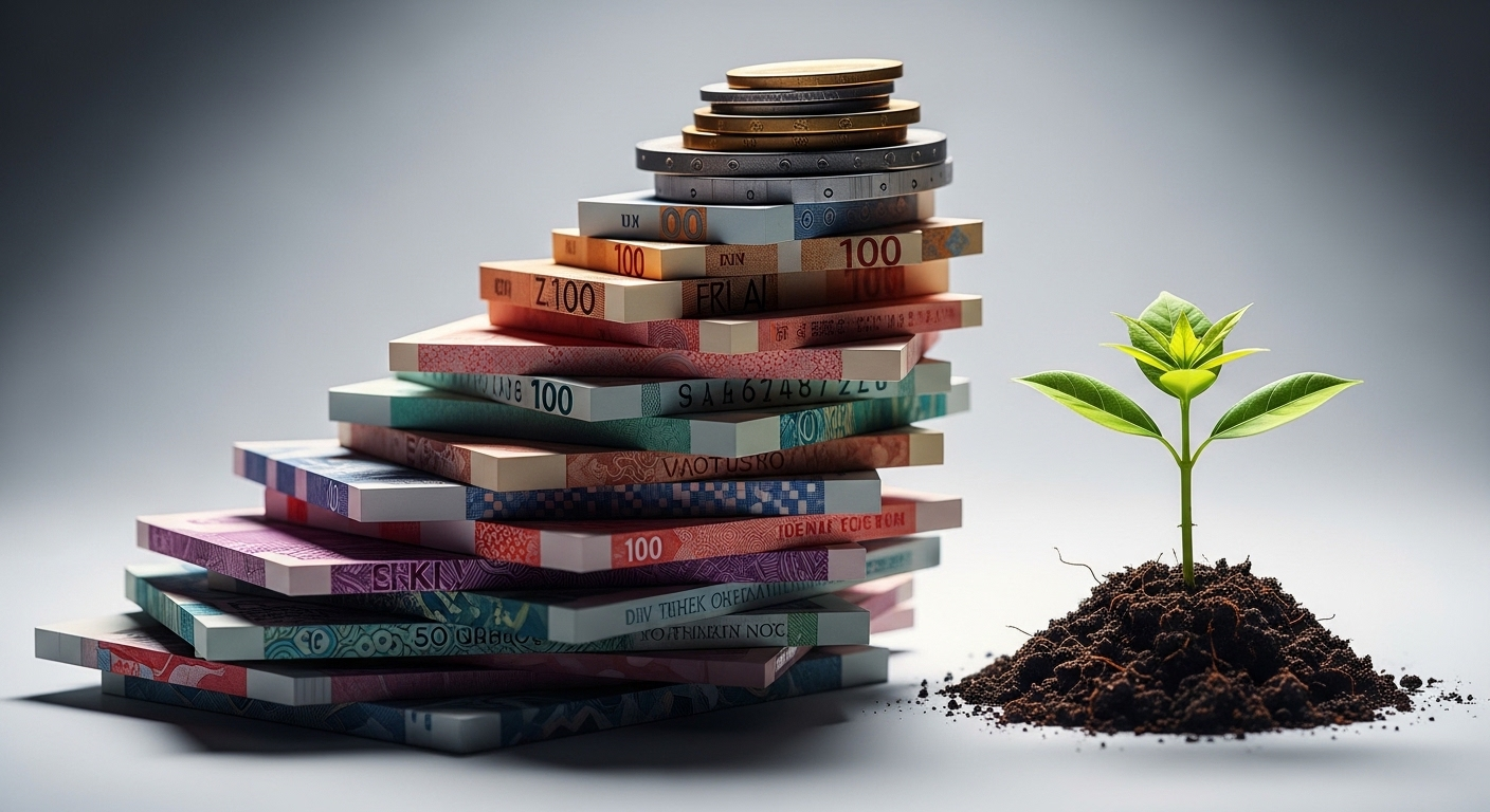 Chồng tiền giấy và xu quốc tế tăng dần cùng mầm xanh đang nảy, biểu tượng cho cách kiếm tiền và phát triển tài sản bền vững. Chồng tiền giấy và xu quốc tế tăng dần cùng mầm xanh đang nảy, biểu tượng cho cách kiếm tiền và phát triển tài sản bền vững.