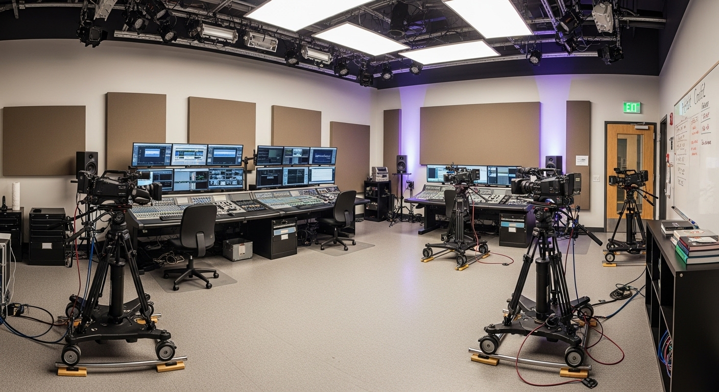 Phòng studio truyền thông đa phương tiện hiện đại tại đại học, trang bị đầy đủ máy quay chuyên nghiệp và thiết bị dựng phim, sẵn sàng phục vụ sinh viên. Tìm hiểu điểm chuẩn ngành truyền thông đa phương tiện để trải nghiệm cơ sở vật chất này.