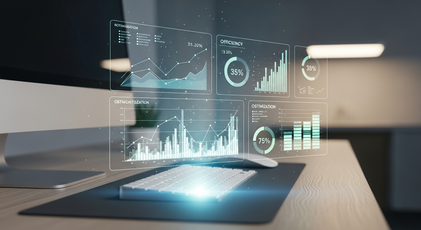 Hologram chiếu chi tiết các biểu đồ phân tích dữ liệu về tăng trưởng và hiệu suất trên bàn làm việc tối giản. Hình ảnh minh họa tầm quan trọng của insight và tối ưu hóa, yếu tố cốt lõi để hiểu rõ Dynamic Ads là gì trong quảng cáo số.