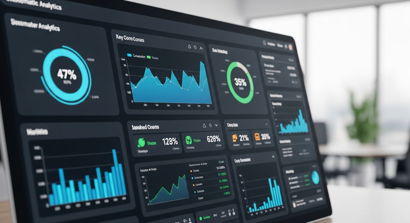 Bảng điều khiển phân tích dữ liệu website chi tiết hiển thị KPI, tỷ lệ chuyển đổi và mức độ tương tác người dùng, thông tin thiết yếu để tối ưu Landing Page Facebook hiệu quả.