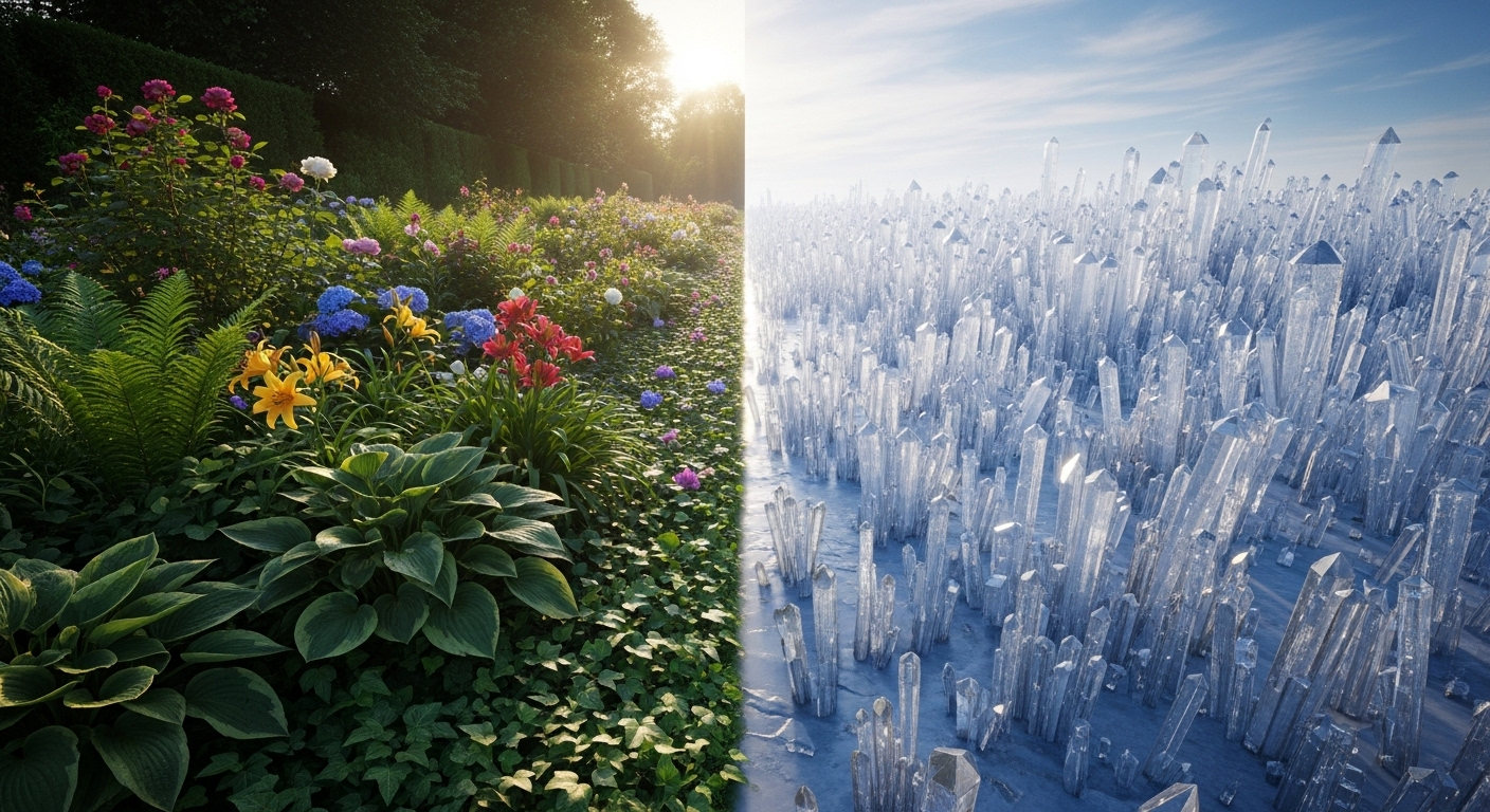 Khu vườn xanh tươi rực rỡ đối lập với cấu trúc pha lê tinh xảo, tượng trưng cho sự tăng trưởng. Nâng cao sự sống động cho kênh YouTube của bạn với dịch vụ tăng like YouTube chất lượng.