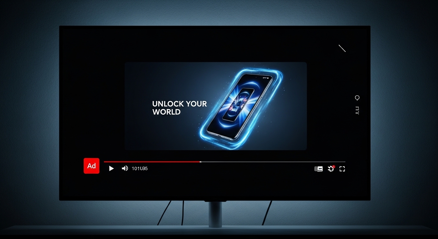 Màn hình TV thông minh hiển thị quảng cáo YouTube (có chữ 'Ad' nhỏ) trước video chính, minh họa cách tăng view và sub cho kênh Youtube hiệu quả.