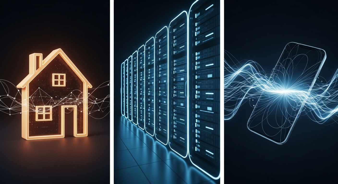 Triptych trừu tượng về mạng lưới kết nối nhà ở, server và thiết bị di động. Hình ảnh gợi mở về Proxy dân cư là gì và cách các luồng dữ liệu tương tác trong môi trường kỹ thuật số.