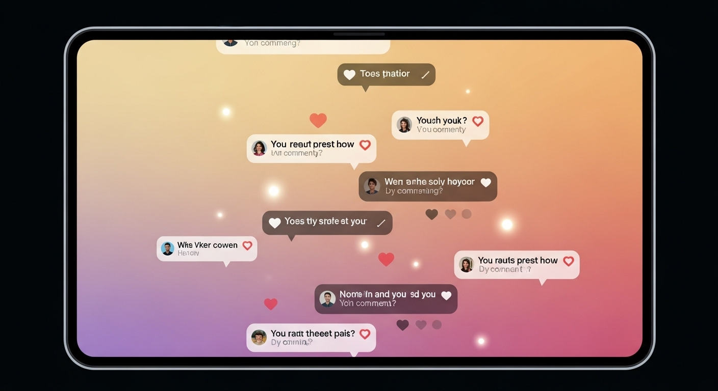 Màn hình kỹ thuật số rực rỡ hiển thị các bình luận và tương tác tích cực, mượt mà, minh họa cho hiệu quả của Kiểm duyệt cộng đồng YouTube Studio.
