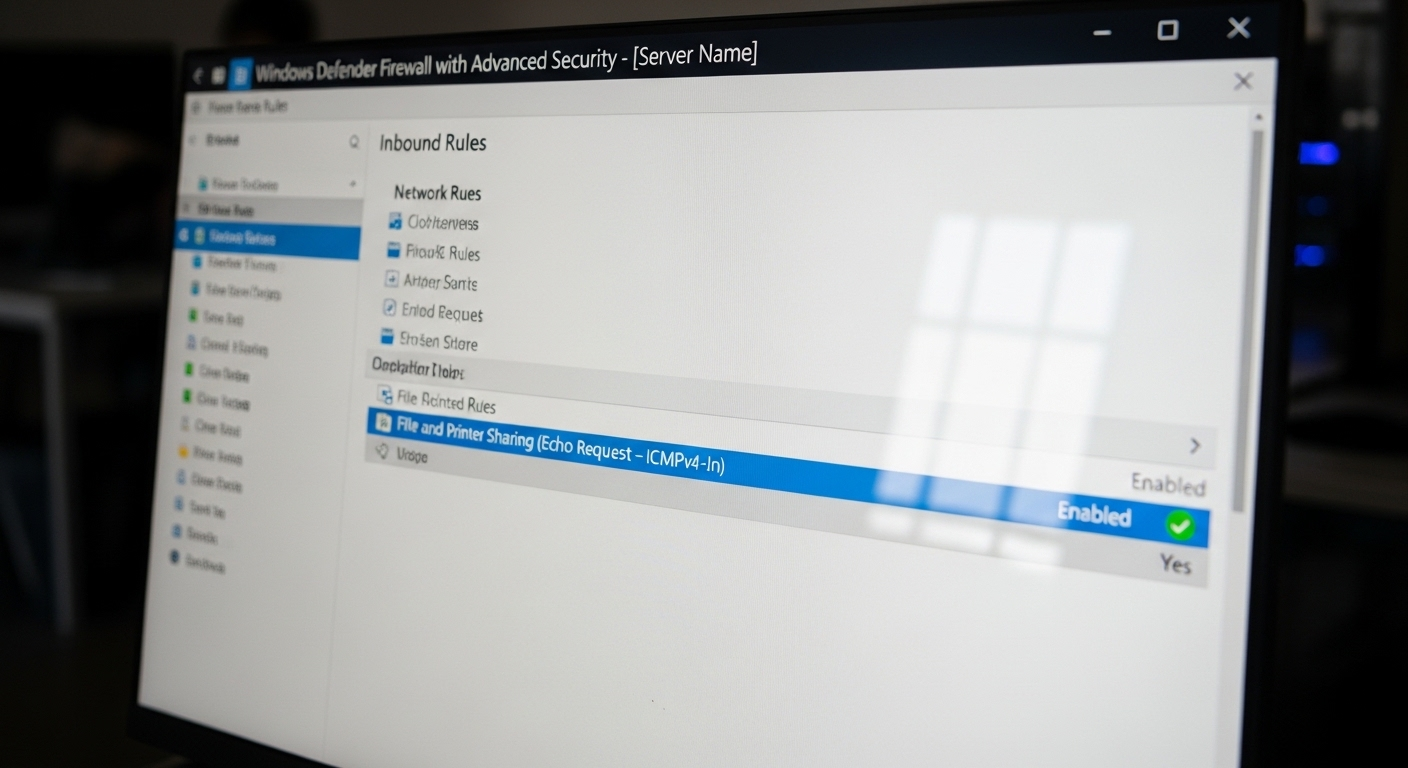 Giao diện Tường lửa Windows Defender trên Windows Server hiển thị quy tắc 'Echo Request (ICMPv4-In)' đã được bật, minh họa việc bật Ping/ICMP VPS Windows Server.