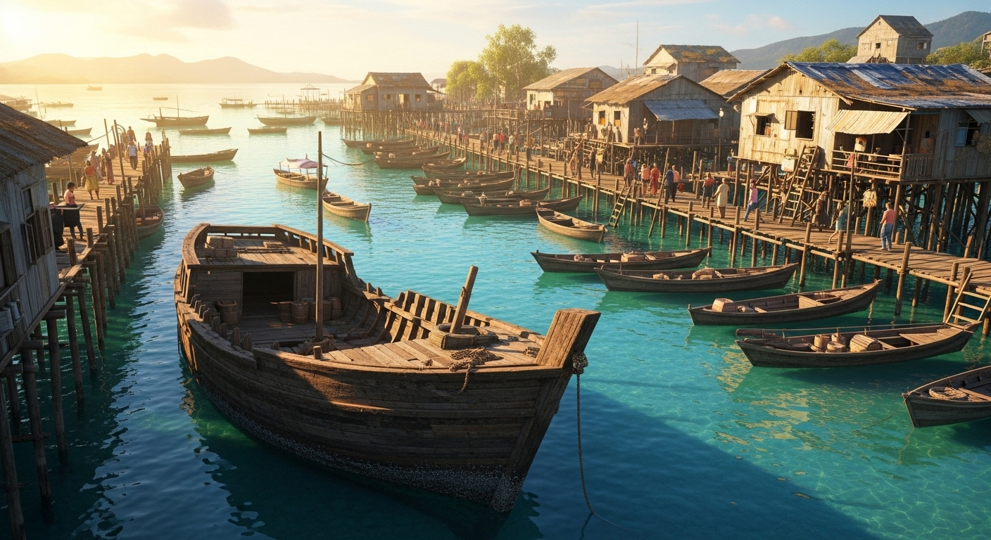 Cảnh làng chài ven biển sống động dưới nắng hoàng hôn, với xác tàu gỗ cổ kính nằm trong làn nước xanh ngọc. Đây là một ví dụ tuyệt vời cho một seed Minecraft tốt nhất để khám phá các khu định cư và di tích tàu đắm.