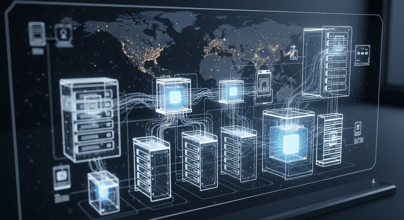 Bản thiết kế holographic chi tiết về cơ sở hạ tầng máy chủ ảo (VPS) với CPU, RAM và luồng dữ liệu toàn cầu, tối ưu hiệu suất khi chạy quảng cáo Facebook bằng VPS.