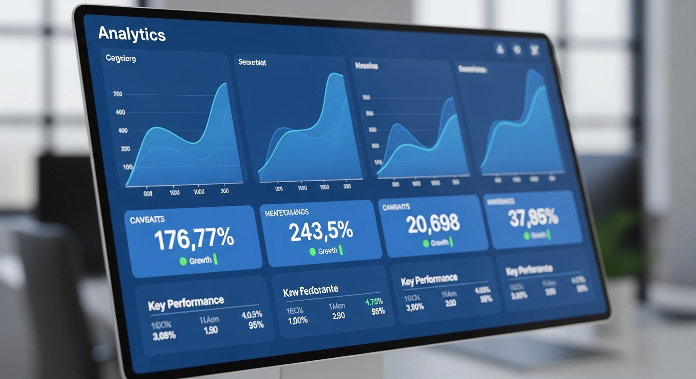 Dashboard phân tích tăng trưởng kênh kỹ thuật số với biểu đồ đi lên, giúp bạn tối ưu và theo dõi hiệu quả chèn pop up nút Like và Sub cho video Youtube.