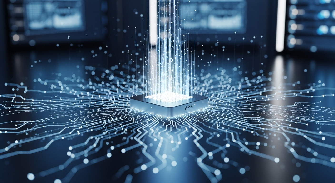 Máy chủ VPS hiệu quả cao dạng thiết bị phát sáng, tạo ra vô số kết nối mạng, minh họa khả năng tạo proxy ipv6 trên vps tối ưu.