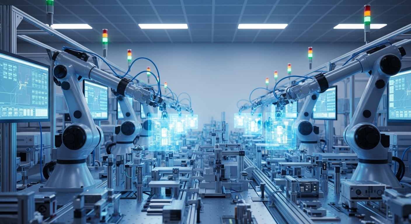 Hình ảnh nhà máy sản xuất tiên tiến với cánh tay robot tự động thực hiện tác vụ chính xác trên dây chuyền, tích hợp cảm biến IoT và màn hình kỹ thuật số. Không có nội dung bài viết nào mô tả rõ hơn về sự tự động hóa và độ chính xác cao này. Hình ảnh nhà máy sản xuất tiên tiến với cánh tay robot tự động thực hiện tác vụ chính xác trên dây chuyền, tích hợp cảm biến IoT và màn hình kỹ thuật số. Không có nội dung bài viết nào mô tả rõ hơn về sự tự động hóa và độ chính xác cao này.