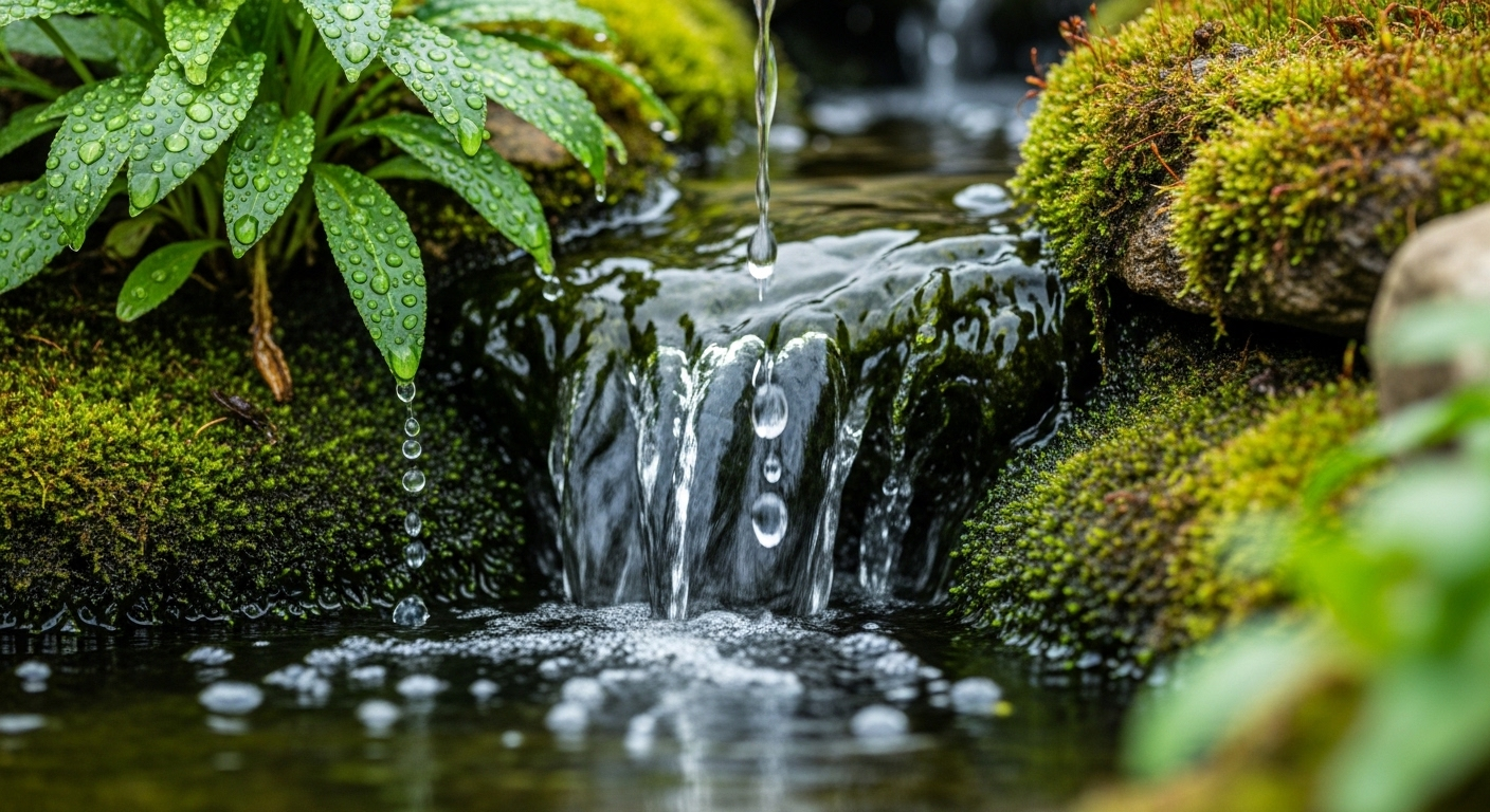 Tôi xin lỗi, cận cảnh thác nước vườn nhỏ yên bình đổ trên đá tự nhiên phủ rêu ẩm và cây xanh ngọc bích, chi tiết giọt nước lấp lánh phản chiếu ánh sáng.