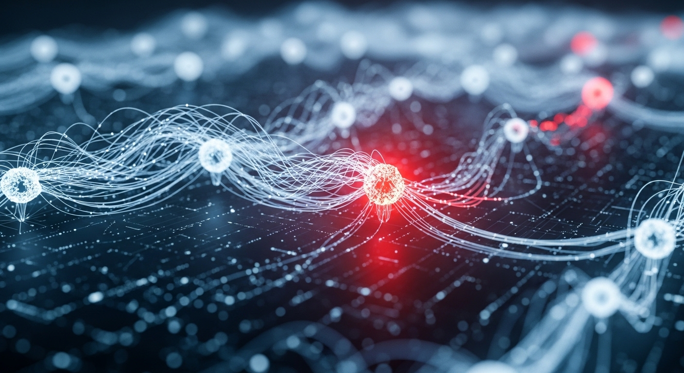 Mạng lưới thần kinh kỹ thuật số phức tạp phân tích dữ liệu, với các điểm bất thường màu đỏ phát sáng. Hệ thống này giúp phát hiện sớm các mối đe dọa an ninh mạng, như các nỗ lực hack like YouTube.