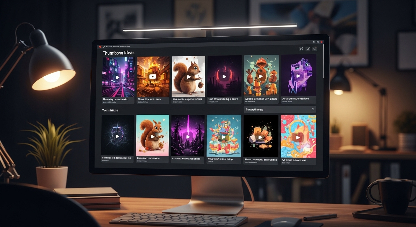 Màn hình máy tính hiển thị nhiều ý tưởng thumbnail YouTube do AI tạo, kèm theo các prompt văn bản, minh họa cách làm thumbnail Youtube sáng tạo và thu hút bằng trí tuệ nhân tạo.