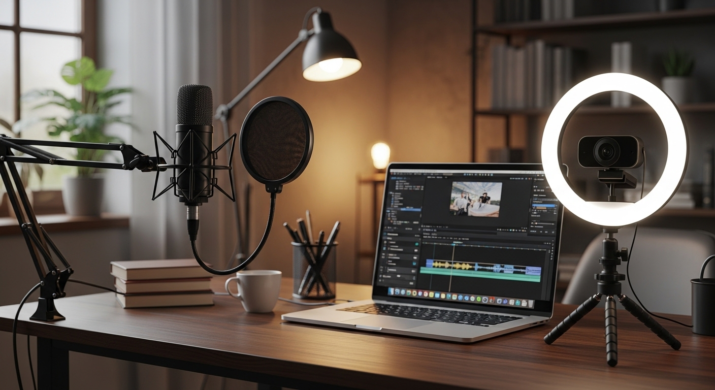 Bàn làm việc chuyên nghiệp với micro, webcam, đèn ring và laptop đang chỉnh sửa video, một setup lý tưởng cho cách kiếm tiền trên YouTube.