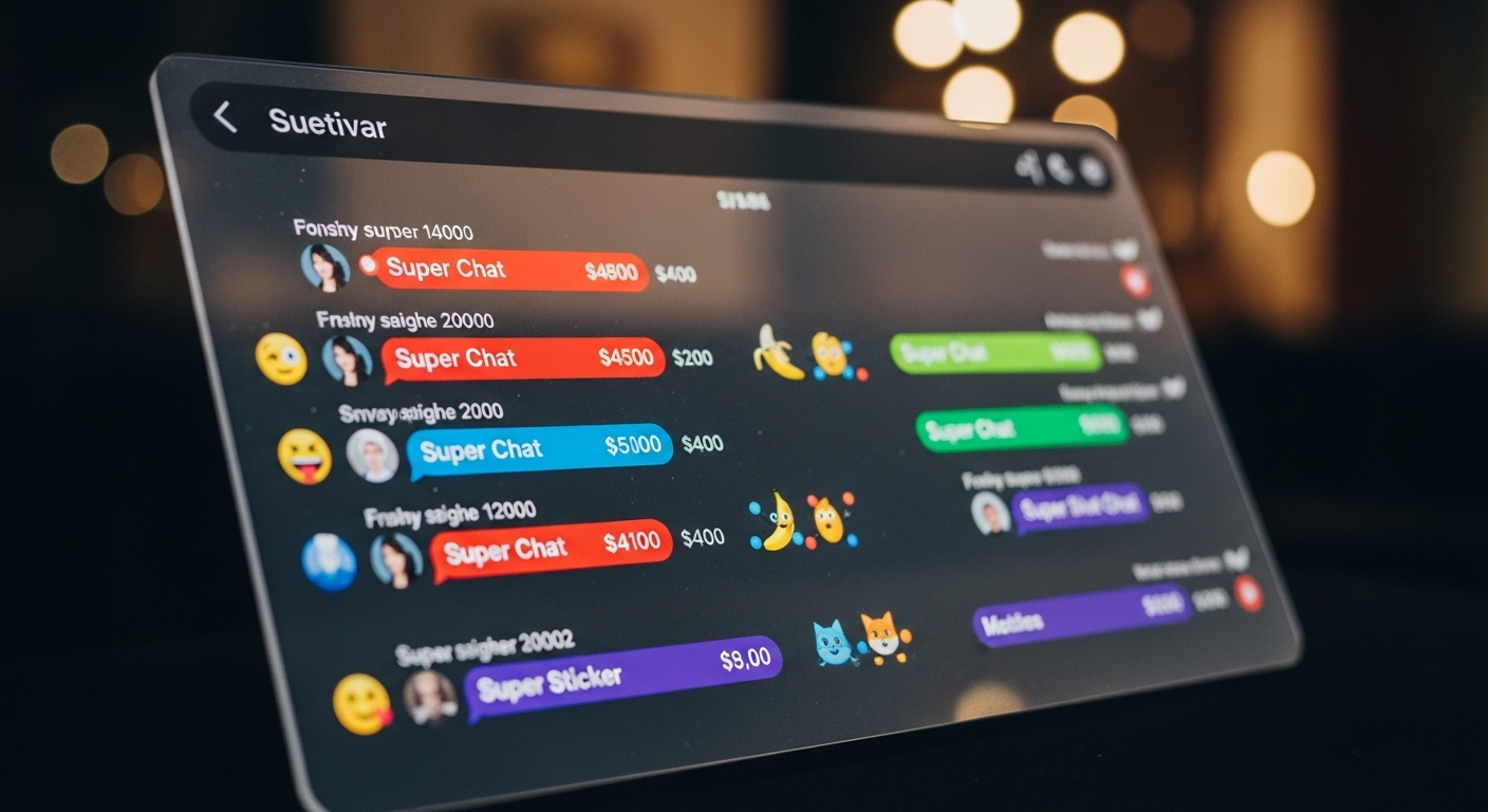 Cận cảnh màn hình kỹ thuật số hiển thị khung chat livestream sôi động với Super Chat và Super Stickers, minh họa rõ ràng cách kiếm tiền trên Youtube thông qua tương tác mạnh mẽ từ người xem.