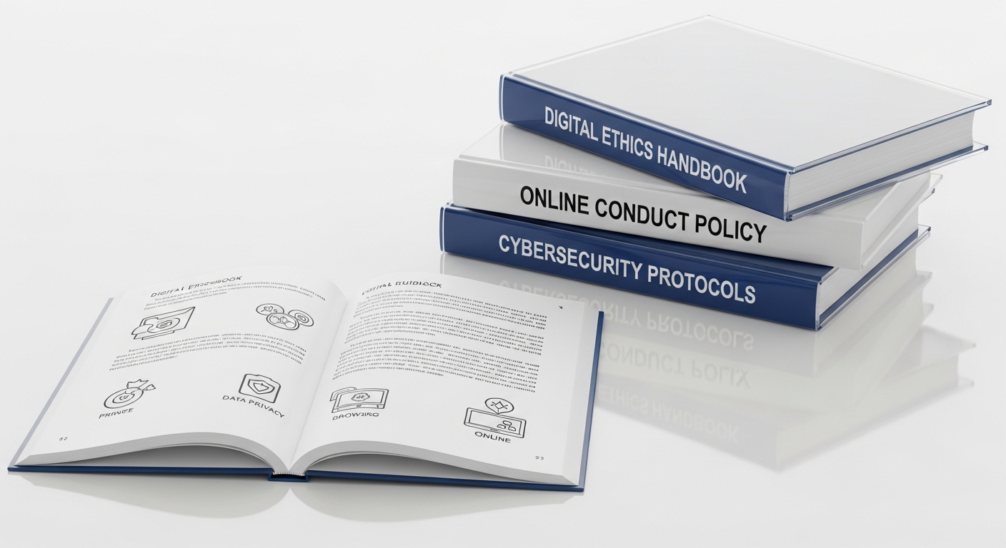 Chồng sách hướng dẫn và tài liệu chính sách được sắp xếp gọn gàng, một cuốn mở ra hiển thị các hướng dẫn kỹ thuật số, minh họa cách bật kiếm tiền YouTube.