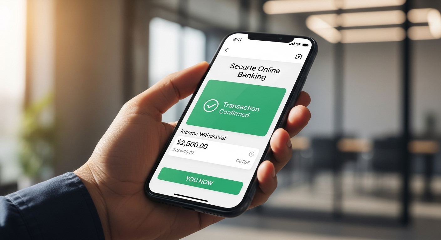 Cận cảnh tay cầm điện thoại, màn hình ứng dụng ngân hàng hiển thị giao dịch rút tiền thu nhập thành công. Minh họa quản lý tài chính chuyên nghiệp dòng tiền từ việc kiếm tiền trên YouTube Cash.
