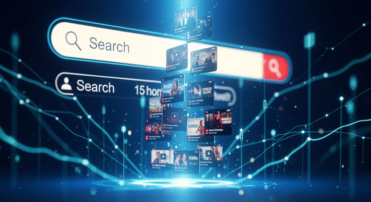 Giao diện tìm kiếm kỹ thuật số sống động với các thumbnail video YouTube nổi bật, minh họa cách làm kênh YouTube để tối ưu hóa hiển thị trong kết quả tìm kiếm.