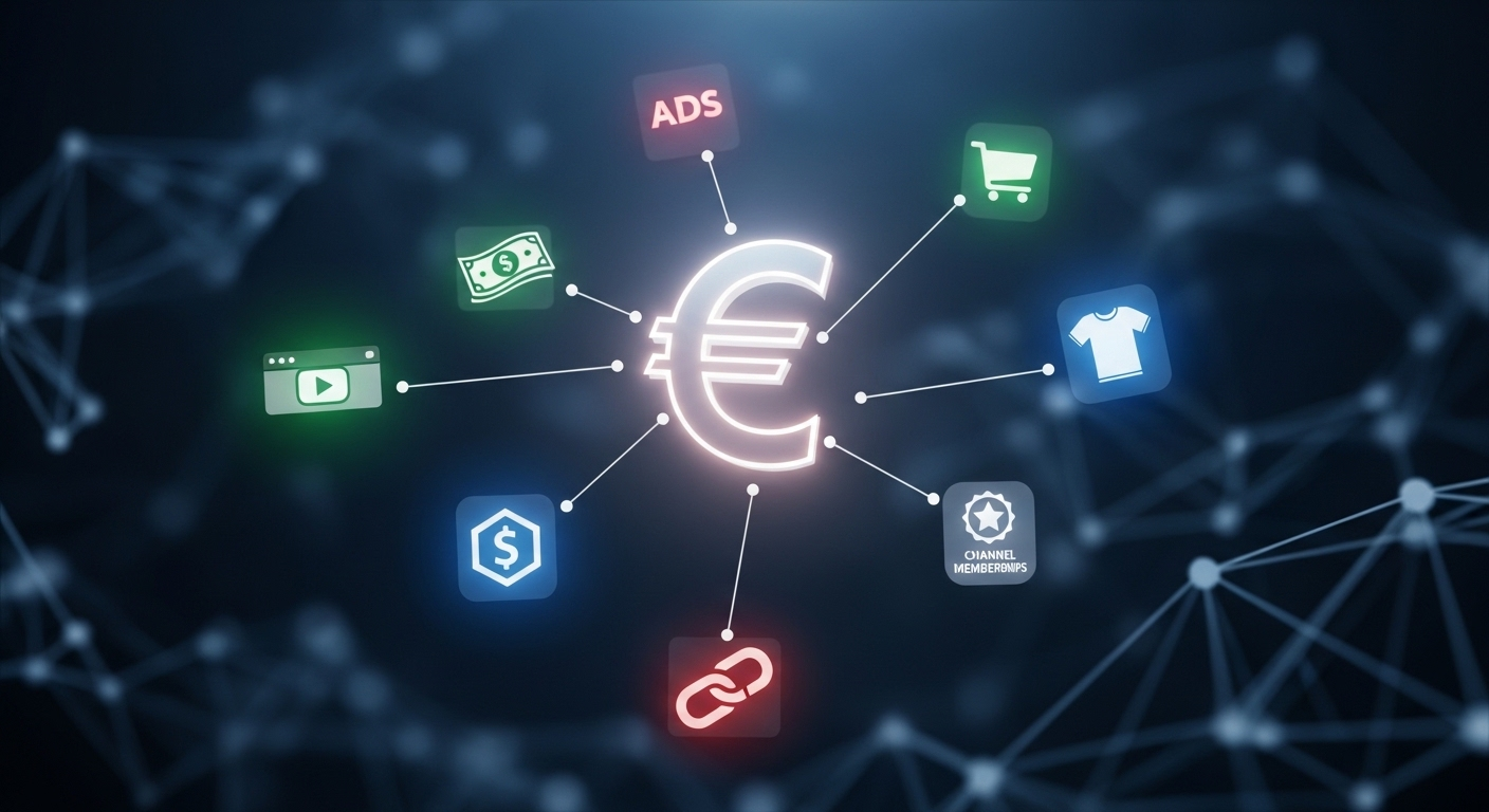 Hình ảnh minh họa động về các nguồn thu nhập đa dạng (quảng cáo, bán hàng, hội viên, tiếp thị liên kết) xoay quanh biểu tượng tiền tệ, thể hiện tiềm năng khi bạn biết cách tạo kênh YouTube kiếm tiền hiệu quả.