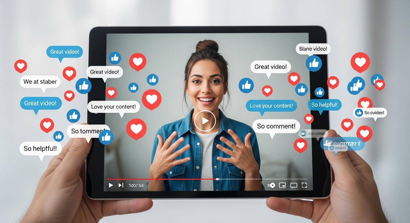 Giao diện video YouTube trên máy tính bảng về cách kiếm tiền YouTube, với người sáng tạo đang trình bày, cùng dòng bình luận và lượt thích sôi nổi thể hiện sự tương tác mạnh mẽ từ người xem.