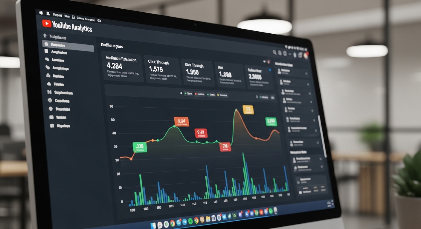 Màn hình máy tính cận cảnh hiển thị bảng điều khiển YouTube Analytics với các biểu đồ màu sắc về tăng trưởng người đăng ký, tỉ lệ giữ chân người xem, giúp phân tích và tối ưu hóa cách kiếm tiền trên Youtube.
