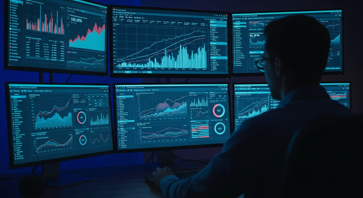 Một người đang phân tích dữ liệu hiệu suất nội dung với các biểu đồ xu hướng tăng trên nhiều màn hình, tối ưu hóa chiến lược để kiếm tiền với Youtube.