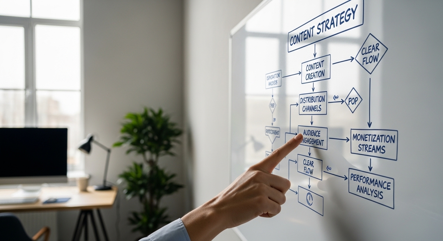 Bàn tay đang chỉ vào sơ đồ chiến lược nội dung và các bước hướng dẫn cách kiếm tiền trên YouTube trên bảng trắng.