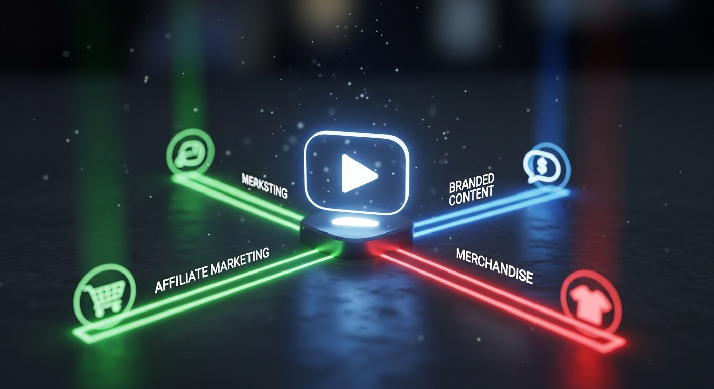 Đồ họa kỹ thuật số minh họa các dòng tiền kiếm tiền Youtube đa dạng như tiếp thị liên kết, nội dung tài trợ và bán hàng, tỏa ra từ nút play video trung tâm.