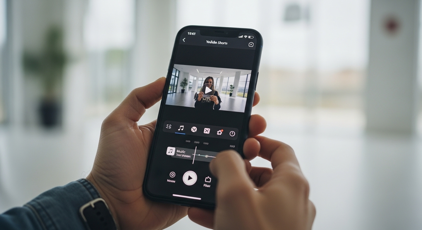 Bàn tay cầm smartphone dọc, hiển thị giao diện chỉnh sửa YouTube Shorts với biểu tượng nhạc, văn bản, bộ lọc. Hình ảnh mô tả quá trình tạo video, bước quan trọng trong cách tạo kênh YouTube chuyên nghiệp.